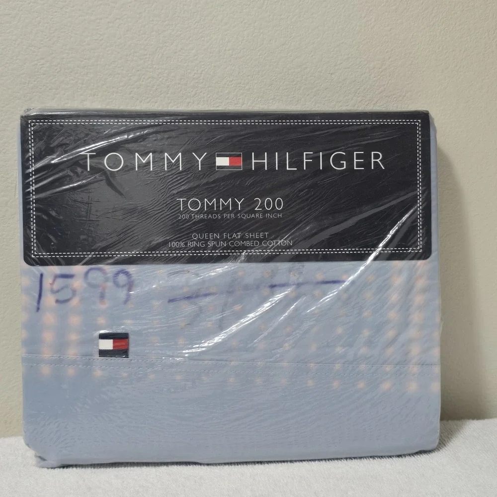 Vintage 90s Tommy Hilfiger Sky‎ Blue Queen Flat Sheet Cotton New